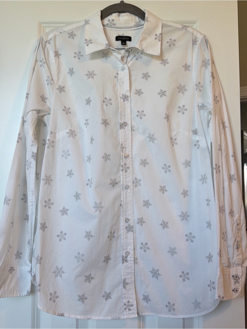 Talbots White Button-Down Shirt with Silver Star Pattern